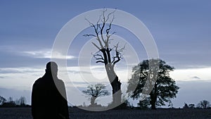 A mysterious, atmospheric man with back to camera, looking at a out of focus dead tree, with branches silhouetted against the sky