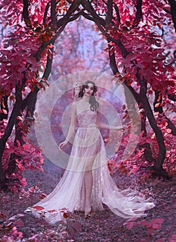 Mysterious attractive lady in a long light luxury dress in a magical pink forest, gate to the fairy-tale world, cute