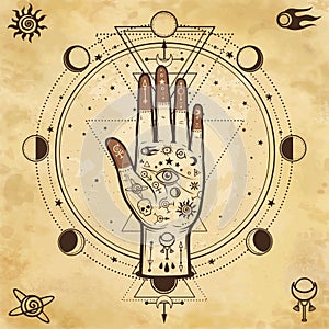 Mysterious background: divine hand, providence eye, sacred geometry, phases of the moon.