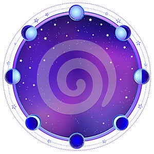 Mysterious background: night star sky, circle of a phase of the moon, sacred geometry.