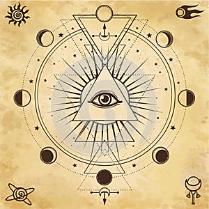 Mysterious background: pyramid, all-seeing eye, sacred geometry.