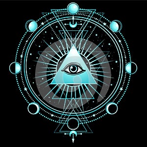 Mysterious background: pyramid, all-seeing eye, sacred geometry.