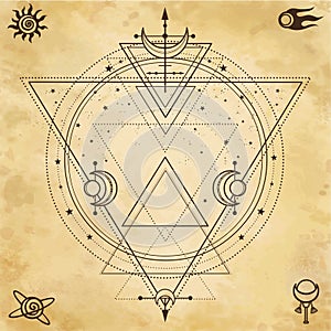 Mysterious background: sacred geometry, circles, triangles, stars.