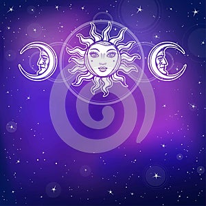 Mysterious background: the stylized sun and the moon in an image of the man and woman.