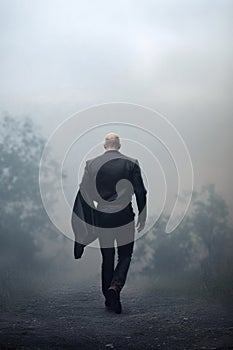 mysterious bald man wearing a long brown pea coat. tough man walking away.
