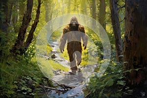 mysterious bigfoot sighting in the deep forest, generative AI illustration