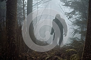 mysterious bigfoot sighting in the deep forest, generative AI illustration