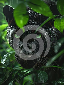 Mysterious black cat in lush green foliage photo