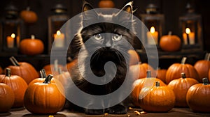 A mysterious black cat sitting in front of pumpkins in halloween night