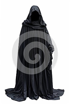 A mysterious black hooded figure with a hidden face in fine black robes