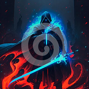 Mysterious black knight with a flaming sword in anime style