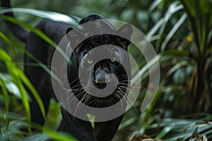 Mysterious Black panther tropical forest walk. Generate Ai photo