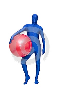 Mysterious blue man in blue suit exercise with pilates ball