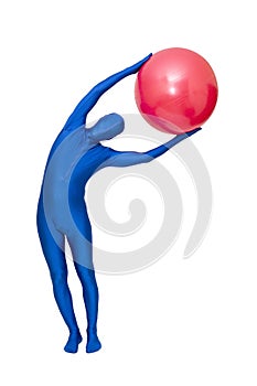 Mysterious blue man in morphsuit exercise with pilates ball