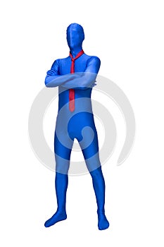 Mysterious blue man in morphsuit with a red tie around her neck