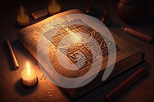 a mysterious book with ancient hieroglyphs and strange symbols etched into the cover, surrounded by candles and incense.