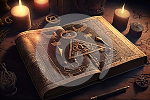 a mysterious book with ancient hieroglyphs and strange symbols etched into the cover, surrounded by candles and incense.