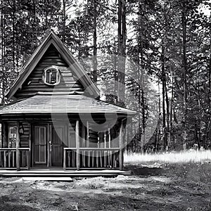 Mysterious cabin in the lonely woods, old rustic wooden cottage, nature, landscape, generative ai