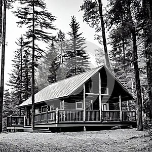 Mysterious cabin in the lonely woods, old rustic wooden cottage, nature, landscape, generative ai