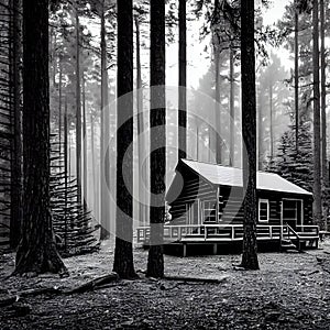 Mysterious cabin in the lonely woods, old rustic wooden cottage, nature, landscape, generative ai
