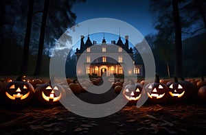 Mysterious castle house with sparkling pumpkins surrounding it during Halloween. Wallpaper, trick or treat