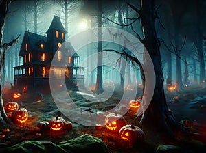 Mysterious castle house with sparkling pumpkins surrounding it during Halloween. Wallpaper, trick or treat