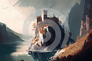 mysterious castle perched atop a steep cliff, overlooking a vast lake. AI generation