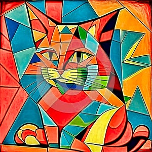 Mysterious cat, abstract surreal painting with orange, red and cyan colors. AI generative
