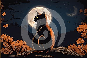 A mysterious cat on a Halloween full moon night