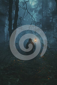 Mysterious Cloaked Figure Holding Lantern in Enchanted Misty Forest photo