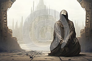 Mysterious cloaked figure sitting in front of a future city