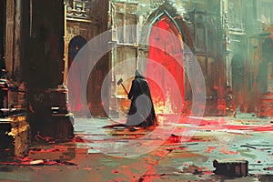 Mysterious Cloaked Figure Standing in a Gothic Cathedral with Red Illuminated Archway, Surreal Fantasy Artwork