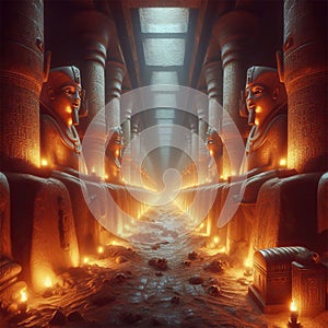 Mysterious corridor inside a pyramid in ancient Egypt illuminated by lit torches