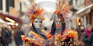 Mysterious Couple in Venetian Carnival Costumes and Masks. Two women