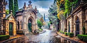 Mysterious Crypt in Barcelonas Montjuc Cemetery A Curved Path Under an Overcast Sky Evoking a Sense of Serene photo