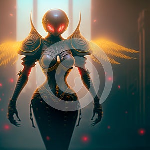 Mysterious cyborg woman with golden wings