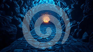Mysterious Dark Blue Stone Tunnel Path Leading to Bright Light at the End AI generated.