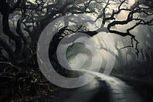 Mysterious dark forest with fog and road. Halloween concept