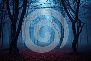 Mysterious dark forest in a foggy night. Halloween background