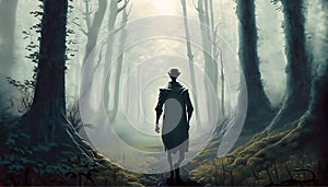 Mysterious dark forest with a man in a long cloak.