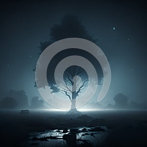 Mysterious dark forest at night with fog, moonlight, tree and moon. 3D rendering AI Generated