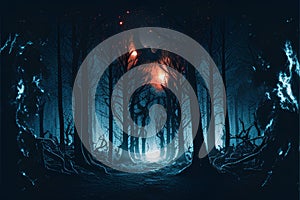 Mysterious dark forest at night with full moon. Vector illustration