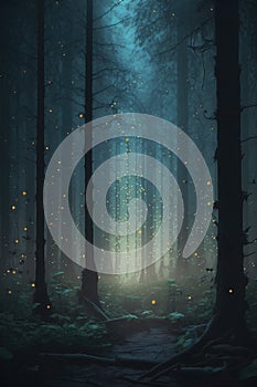 Mysterious dark forest at night with lights and fog, 3d render