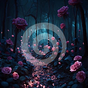 Mysterious dark forest with pink roses and path. Halloween concept. generative ai