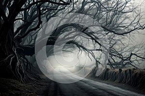 Mysterious dark forest road in the fog