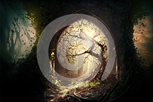 Mysterious dark forest with tree and door. Vector illustration.