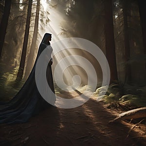 Mysterious dark forest with a woman in a blue cloak. generative ai