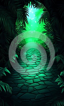 Mysterious Dark Green Jungle Path A mysterious dark green jungle path invites exploration Symbolizing adventure mystery photo
