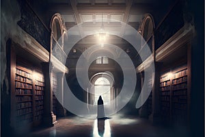Mysterious dark library interior with fog and light. 3D Rendering