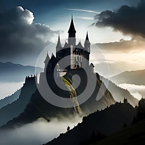 Mysterious dark silhouette gothic castle on mountain top with dramatic sky clouds